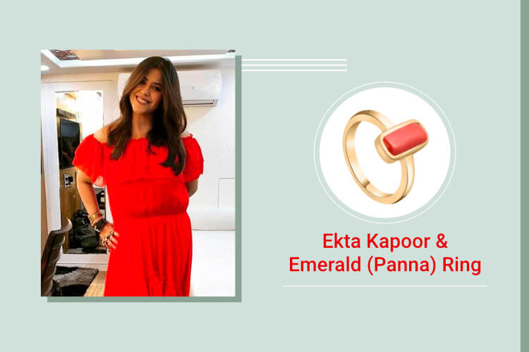 Ekta Kapoor -Yellow Sapphire (Pukhraj), Emerald (Panna), Diamond, and Coral